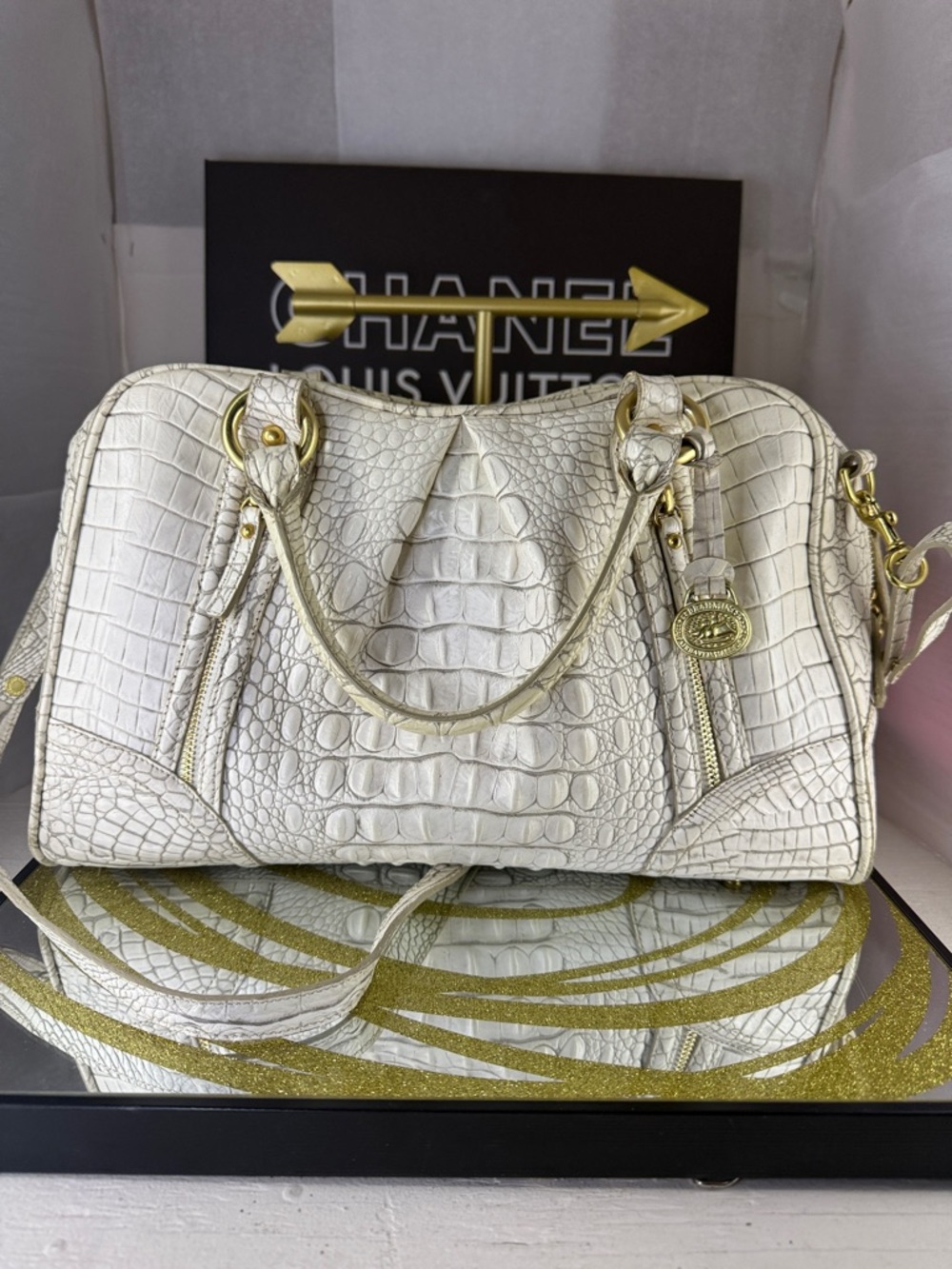 Brahmin White Croc-Embossed Satchel with Gold Hardware Accents